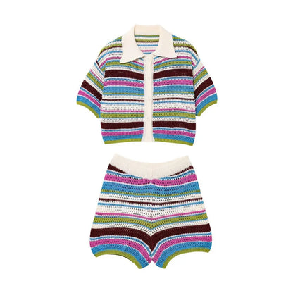 POLO collar short knitted striped shorts set