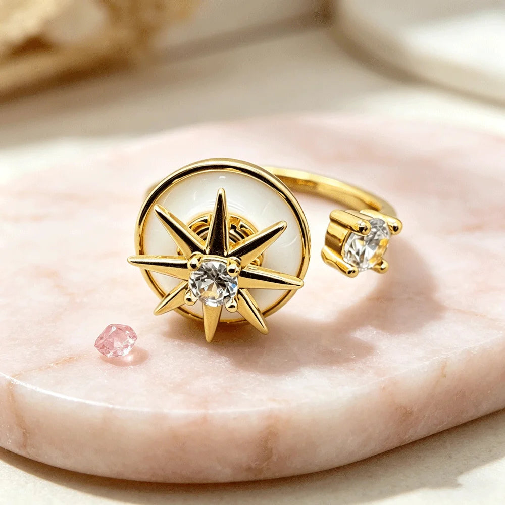 Two-Tone Gold Silver Tone Rotatable Starburst Enamel CZ Adjustable Ring Women Luxe Wedding Sparkling Elegant Daily Wear Jewelry