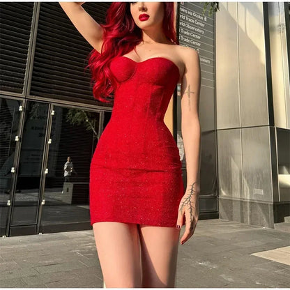 Red Bodycon High Waist Mini Dress Women Fashion Strapless Sleeveless Back Drawstring Gown 2024 Lady Party Club Wear