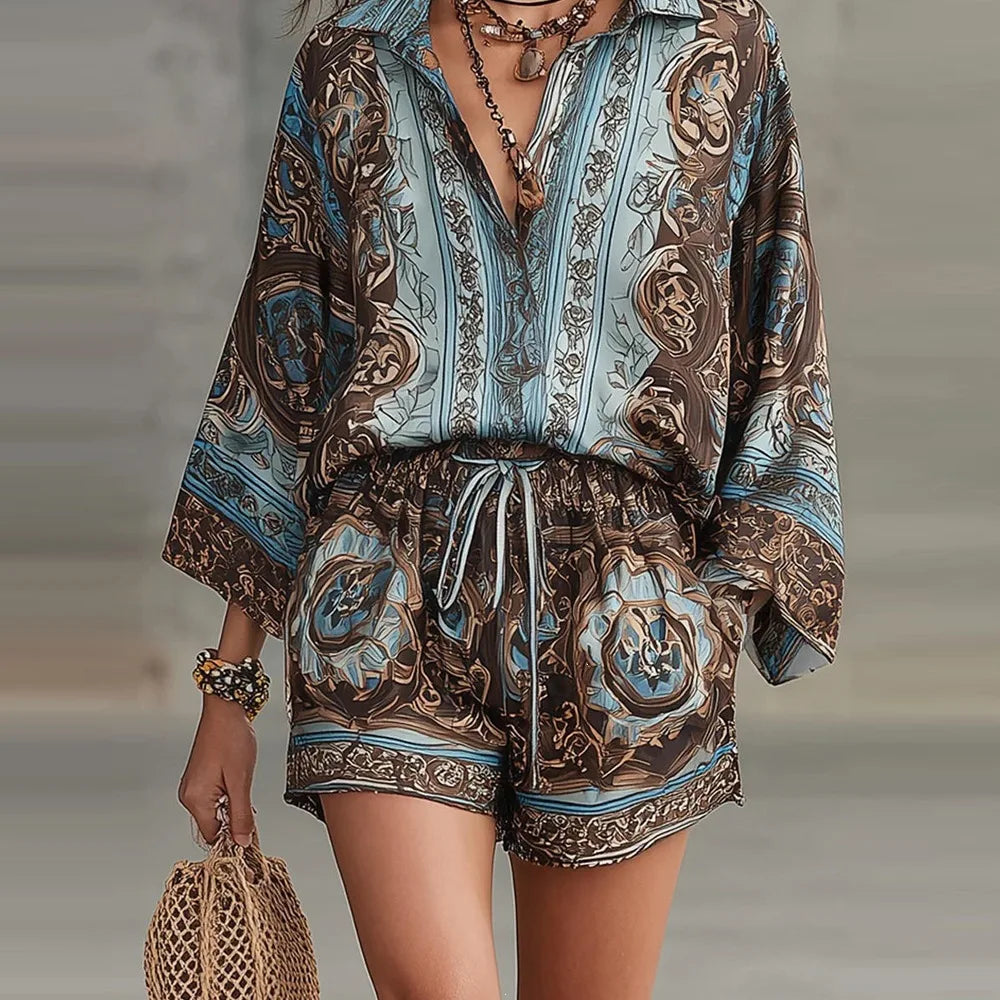 Floral Print Long Sleeve Shirt Shorts Set Women's High Waist Short Pants Outfit Casual Sportswear Two-Piece Set Polyester Fabric - Shellss