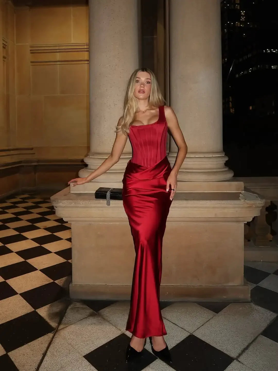 Women Satin Fishbone Corset Dress Elegant Sleeveless Off Shoulder Patchwork Slim Maxi Sling Vestidos Lady Fashion Party Gowns - Shellss