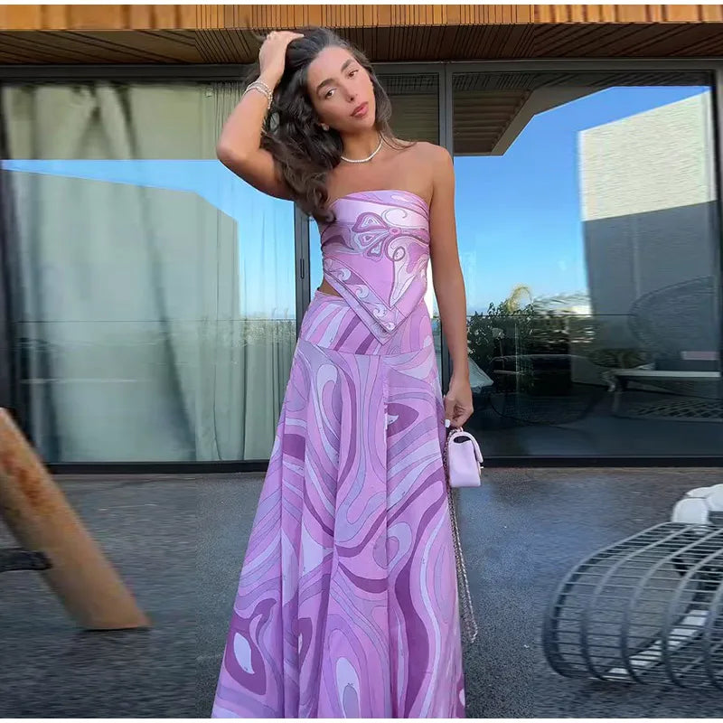 Printed Strapless Pink Skirt Set