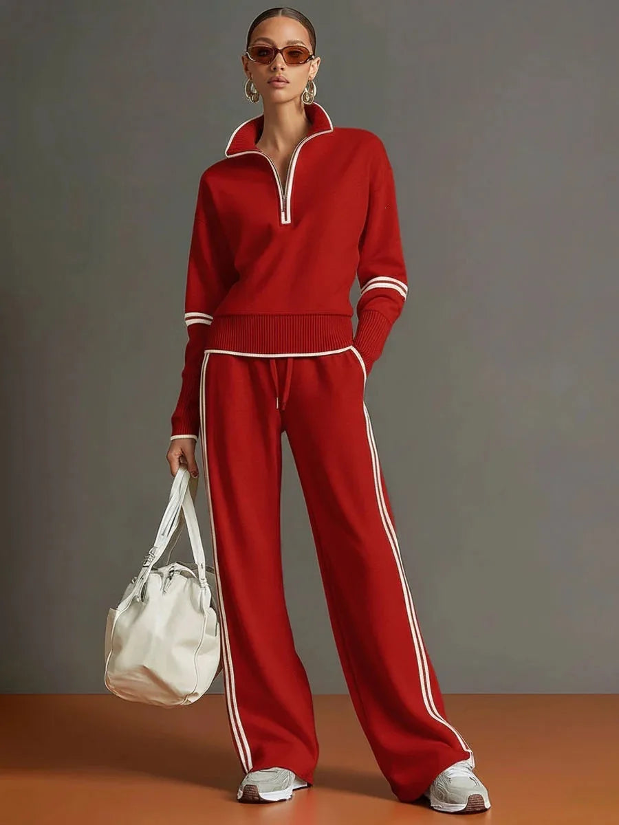 Women European Style Half Zip Knit 2 Piece Outfit Stand Collar Long Sleeve Sweater Drawstring Wide Leg Pants Matching Set Casual