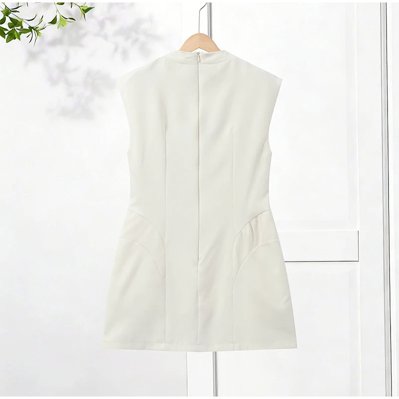 Elegant Slim Women's Dress Stand Collar Hollow Out Sleeveless Waist-Closed Lady Mini Dresses 2026 Spring Summer Female Robe