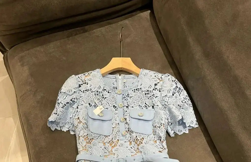 Runway Elegant Blue Embroidery Lace Dresses