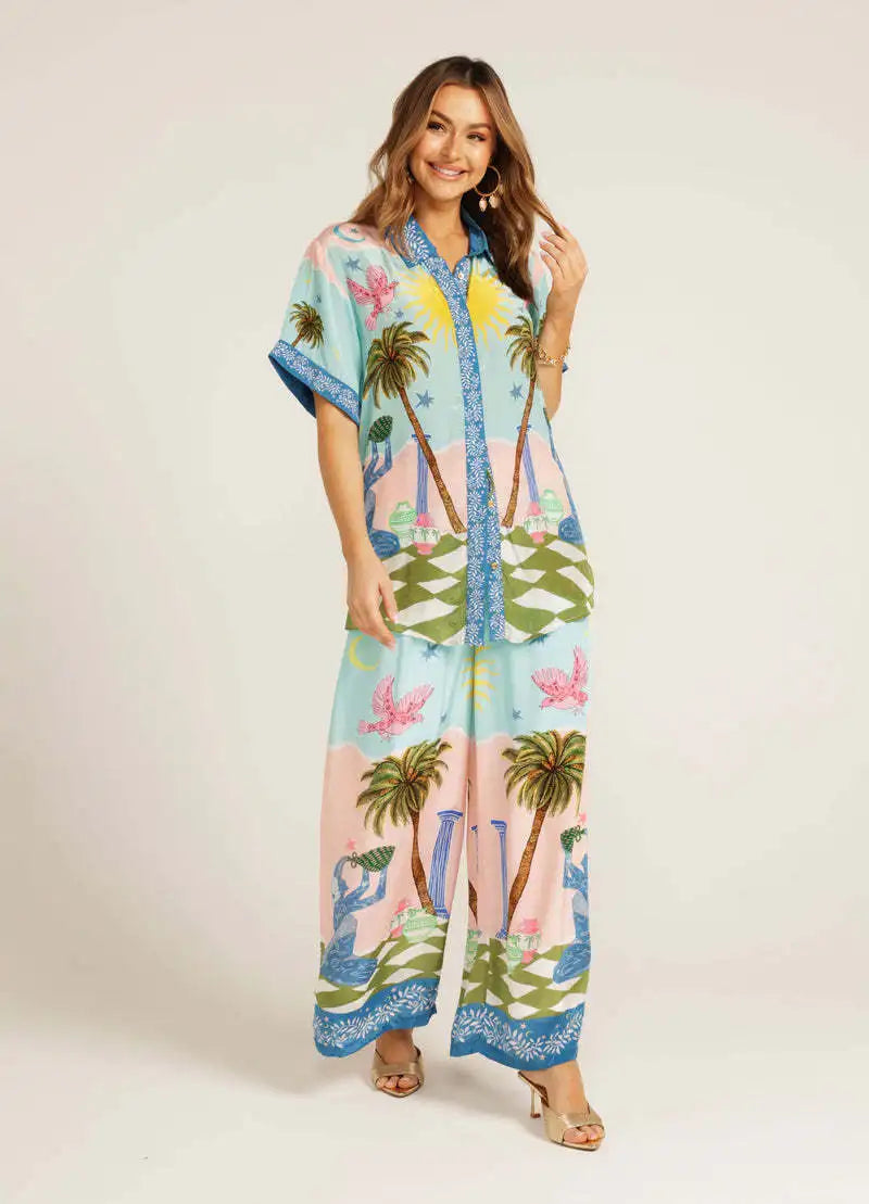 Printed Short Sleeve Tether Set Women's Fashion Ensemble Long Pants Winter Season Brand Unbranded Three-piece Combination - Shellss