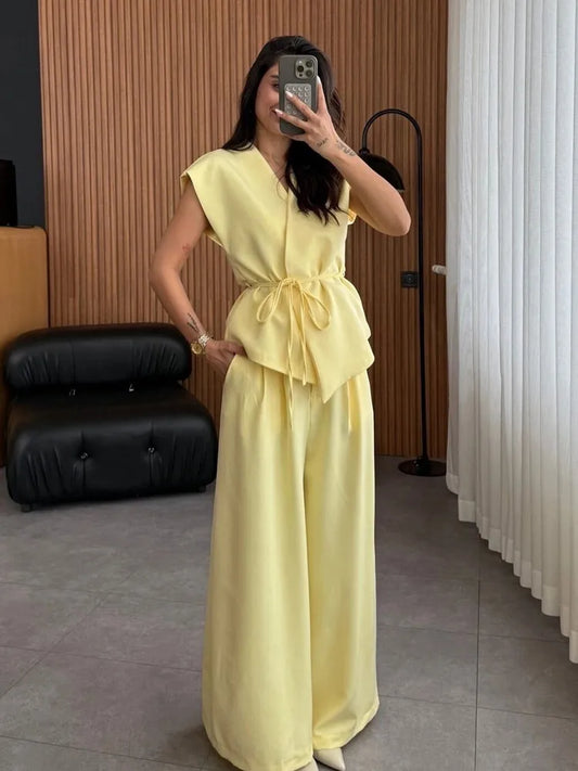 Butter yellow Wide-leg Pants Set