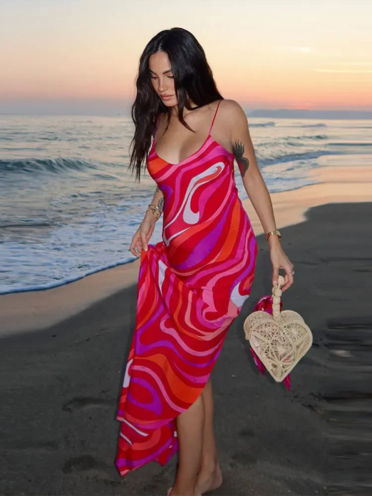 Sexy Printed Sling Long Dress Women Sleeveless Backless High Waist Slim Dresses Female 2026 Summer Beach Vacation Robes Lady