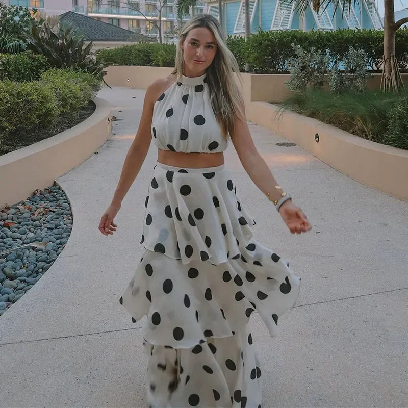 1 Polka Dots Vest Ruffles A-line Long Skirt set