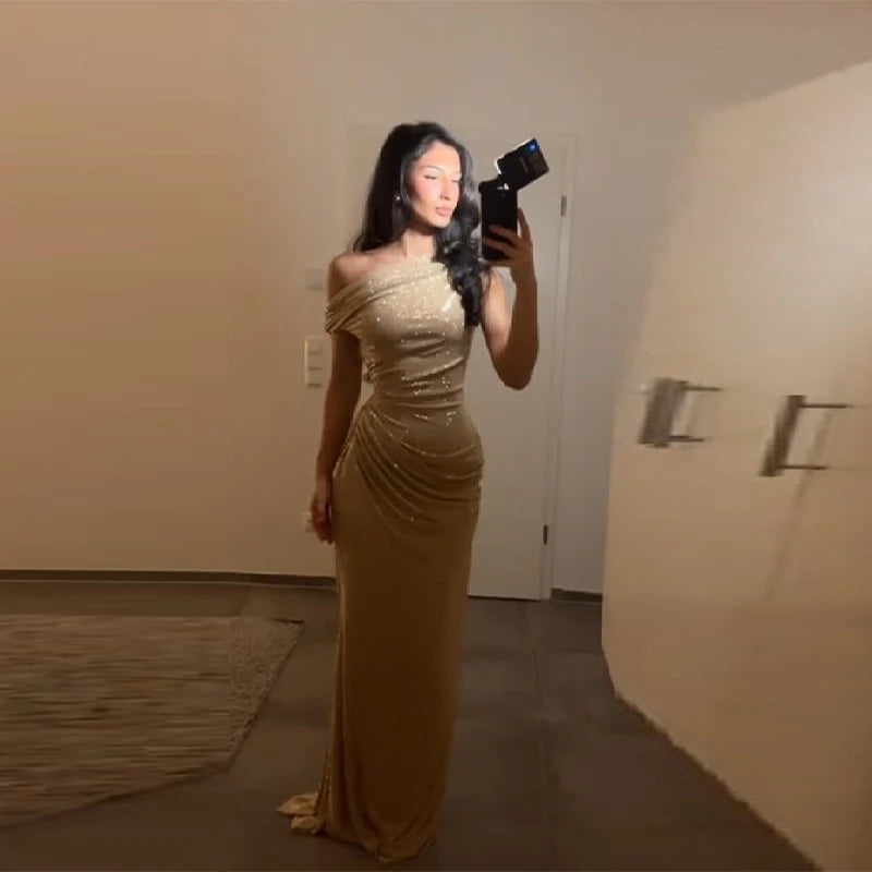 Elegant One Shoulder Sequins Party Dress Chic Sexy Backless Fold Design Slim Fit Female Long Gown 2026 NEW Party Evening Outfits