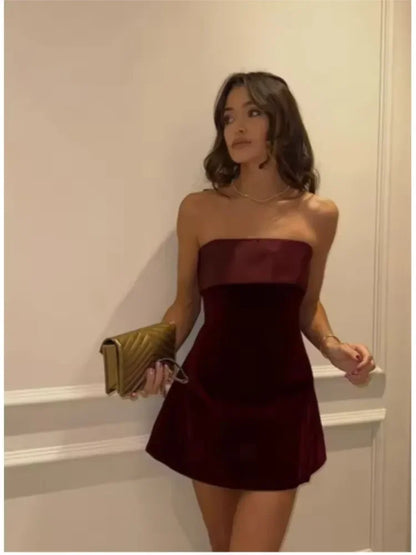 Elegant Burgundy Strapless Tube Velvet Mini