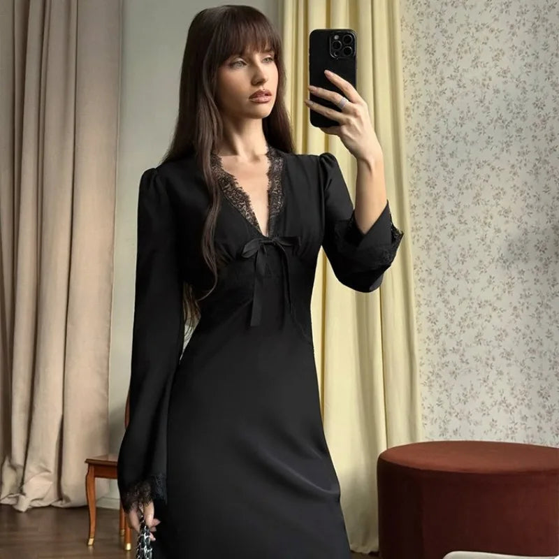 Talenza Black Satin Dress Women Fashion V‑Neck Lace Spliced Slim Long Dress Elegant Luxury Commute Lady Maxi Dress Women's Robe