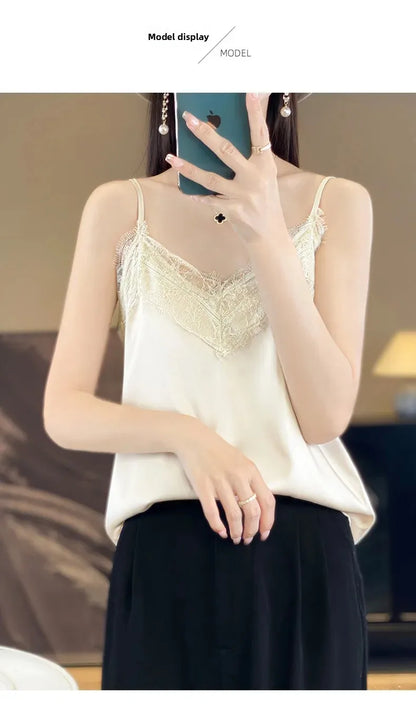 Satin Lace Trim V-Neck Crop Top