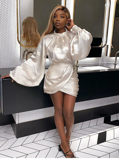 Ruched Satin Mini Dress – White Lantern Sleeve