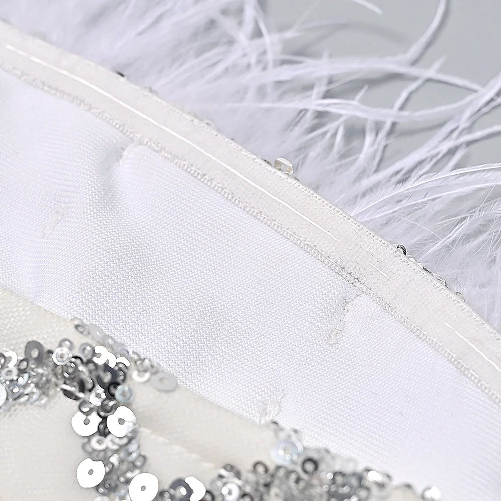 2026 Women Summer Celebrity New Strapless Feather Sequins White Midi Bodycon Dress Elegant Evening Club Party Dress