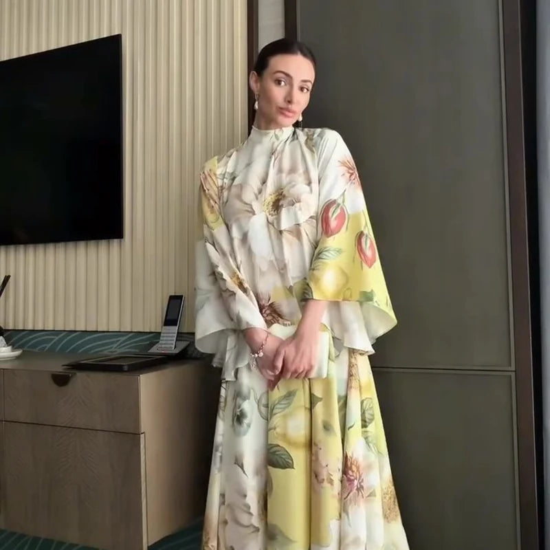 Floral Print Women Dress Button Down Mock Neck Maxi Dresses Long Lantern Sleeve A-Line Waist Belt Flared Hem Elegant Streetwear - Shellss