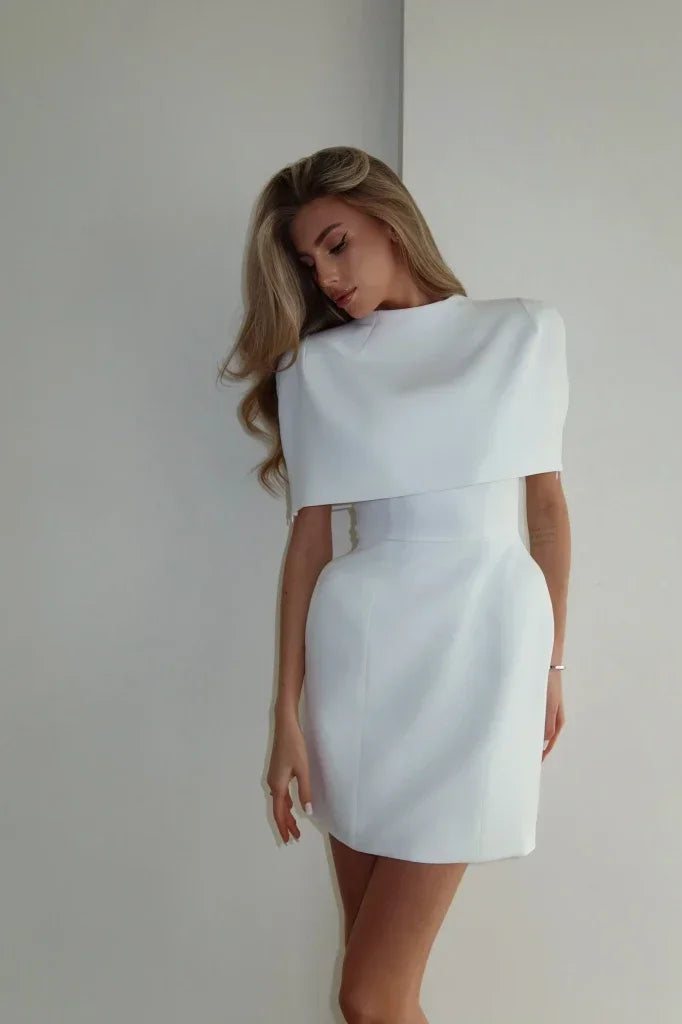 Solid Shawl Mini Dress Elegant Square-neck