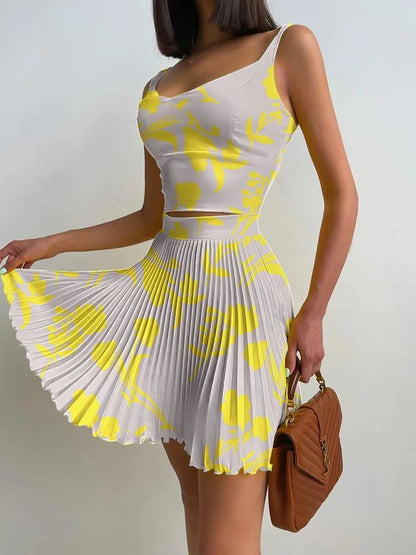 Two Piece Set Mini Print Pleated Skirt Set