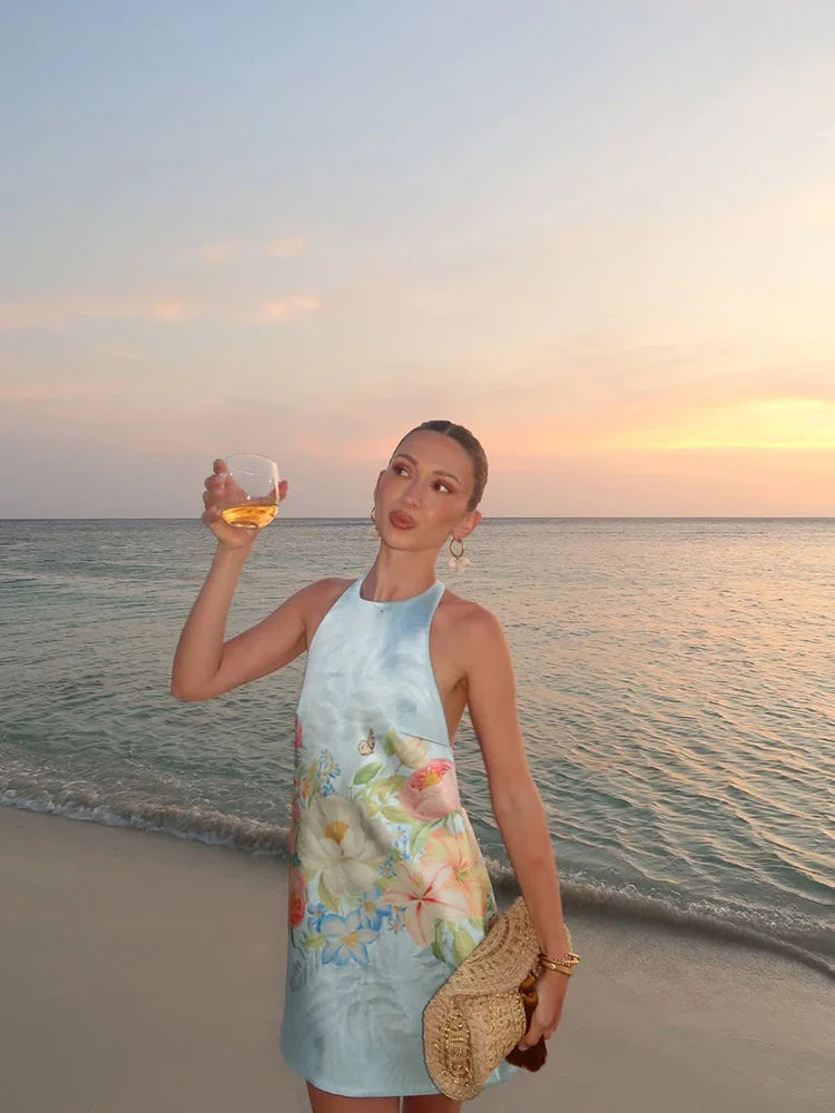 Bohemian Floral Print Halter Neck Mini Dress Women Sexy Sleeveless Backless Short Skirt Lady Summer Party Vacation Beachwear