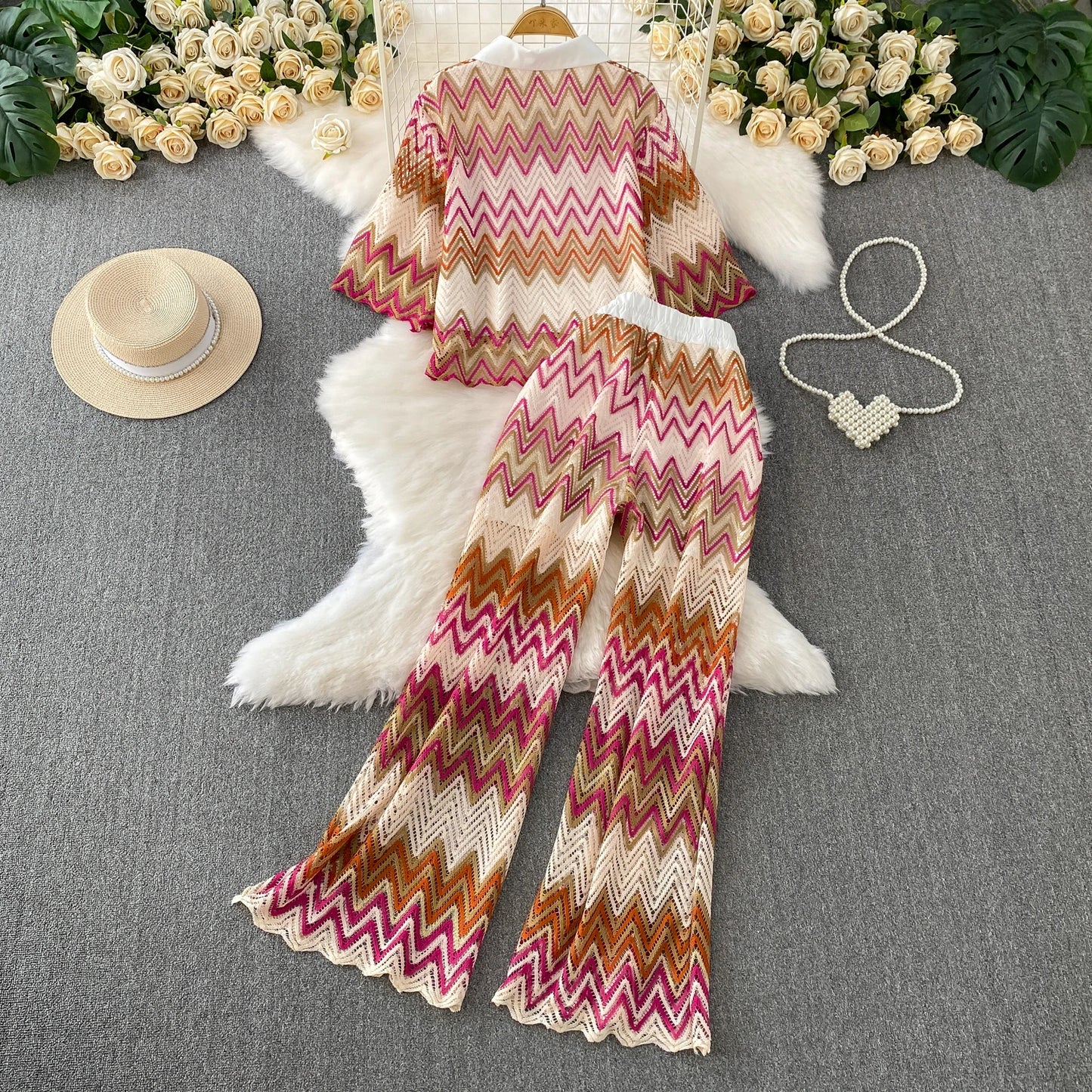 Retro Hollow out Wave Knit Set