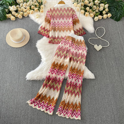 Retro Hollow out Wave Knit Set