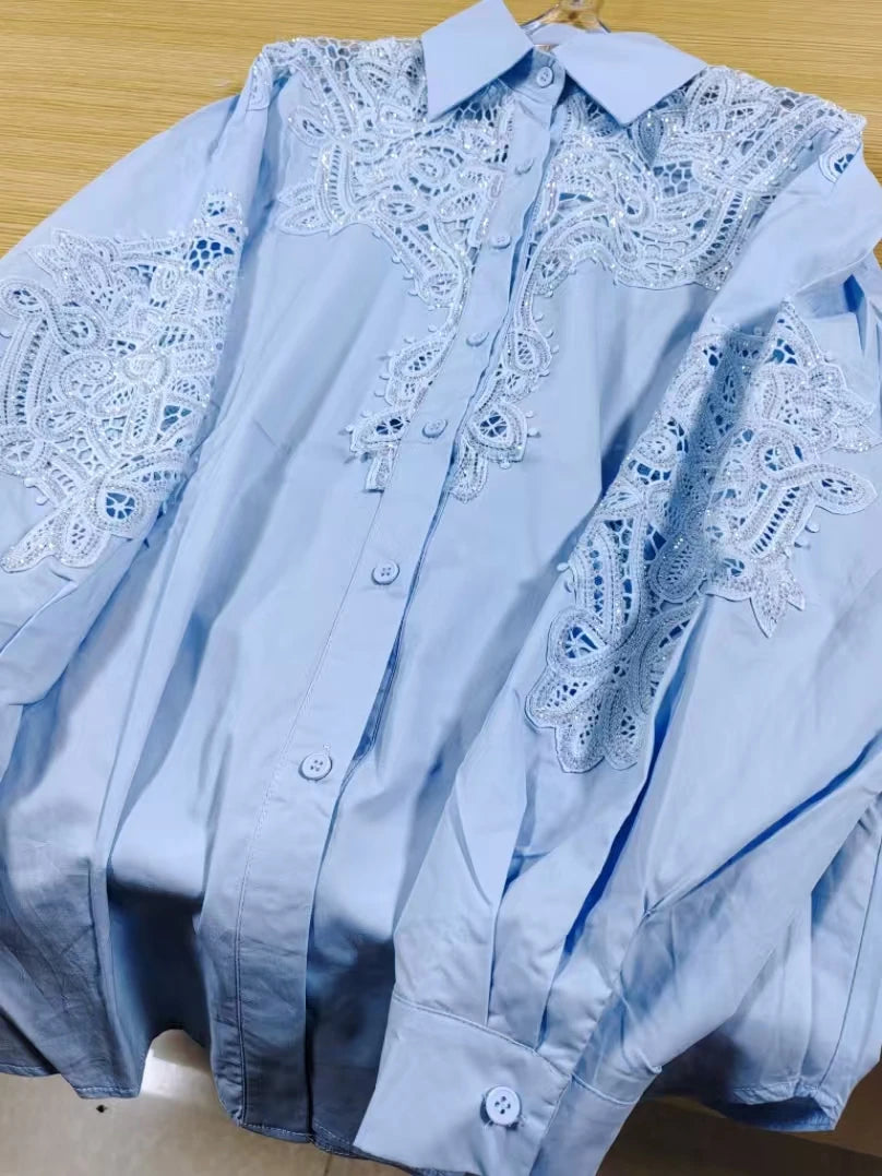 Luxury Brand Sparkle Embroidery Cotton Blue Blouses