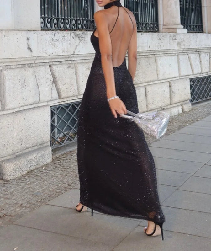 Sexy Slimming Neckline Evening Dress Mesh Grid Pattern Long Sleeve Polyester Fabric Evening Gown for Party And Commute