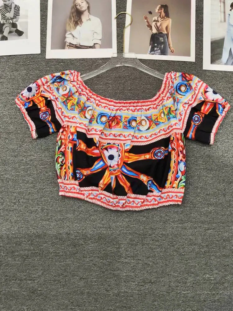 Fashionable and sexy word-neck printed waist-less blouse new summer two-piece pants+high waist shorts holiday women's suit - Shellss