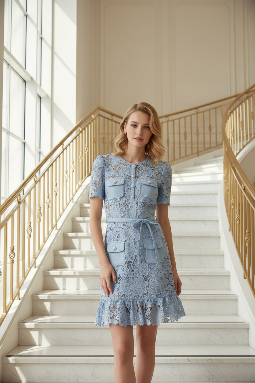 Runway Elegant Blue Embroidery Lace Dresses