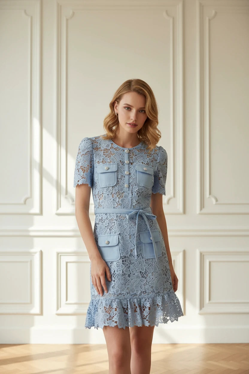 Runway Elegant Blue Embroidery Lace Dresses