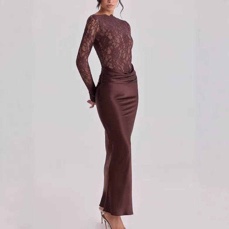 Sexy Women Lace Patchwork Long Sleeve Maxi Dress Elegant Satin Bodycon Evening Party Prom Dress Formal Wedding