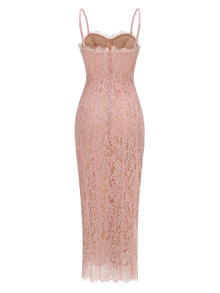 Sexy Spaghetti Strap V Neck Lace Long Dress Women Black Floral Lace Sleeveless Bodycon Dresses Elegant Evening Celebrity Party - Shellss