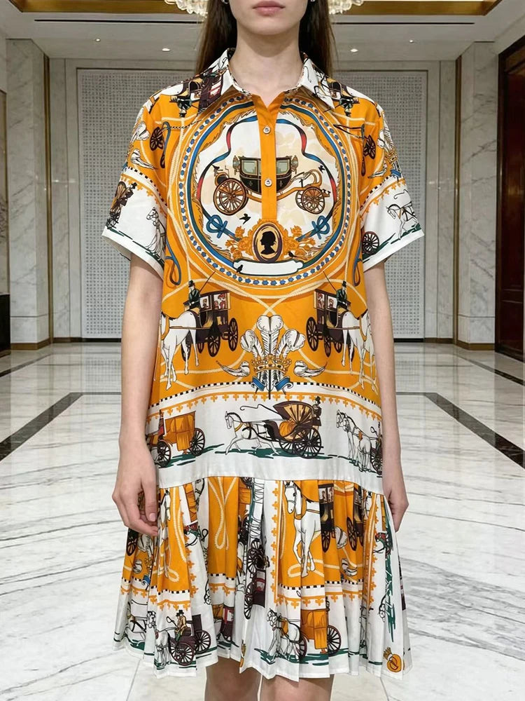 Retro geometric print lapel pullover short sleeve shirt dress 2026 summer women's tutu skirt fashion shirring loose dress - Shellss