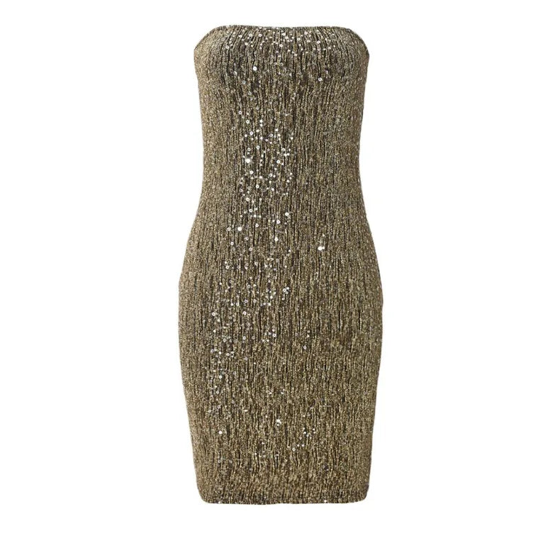 Splicing Contrasting Sequin Strapless Dress Sexy Solid Color Short Skirt Birthday Party Solid Color Dinner Dress
