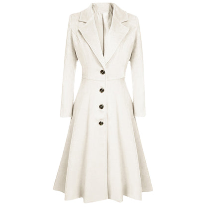 Long Trench Coat Winter Lapel Button Jacket Slimming Waist Pleated Hem