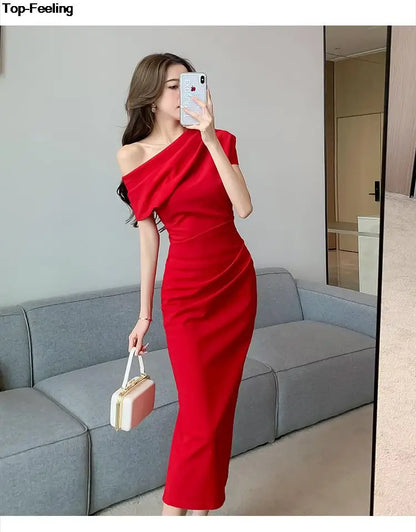 Elegant Off Shoulder Evening Party Dresses ONE SHOULDER DROP SHOULDER red