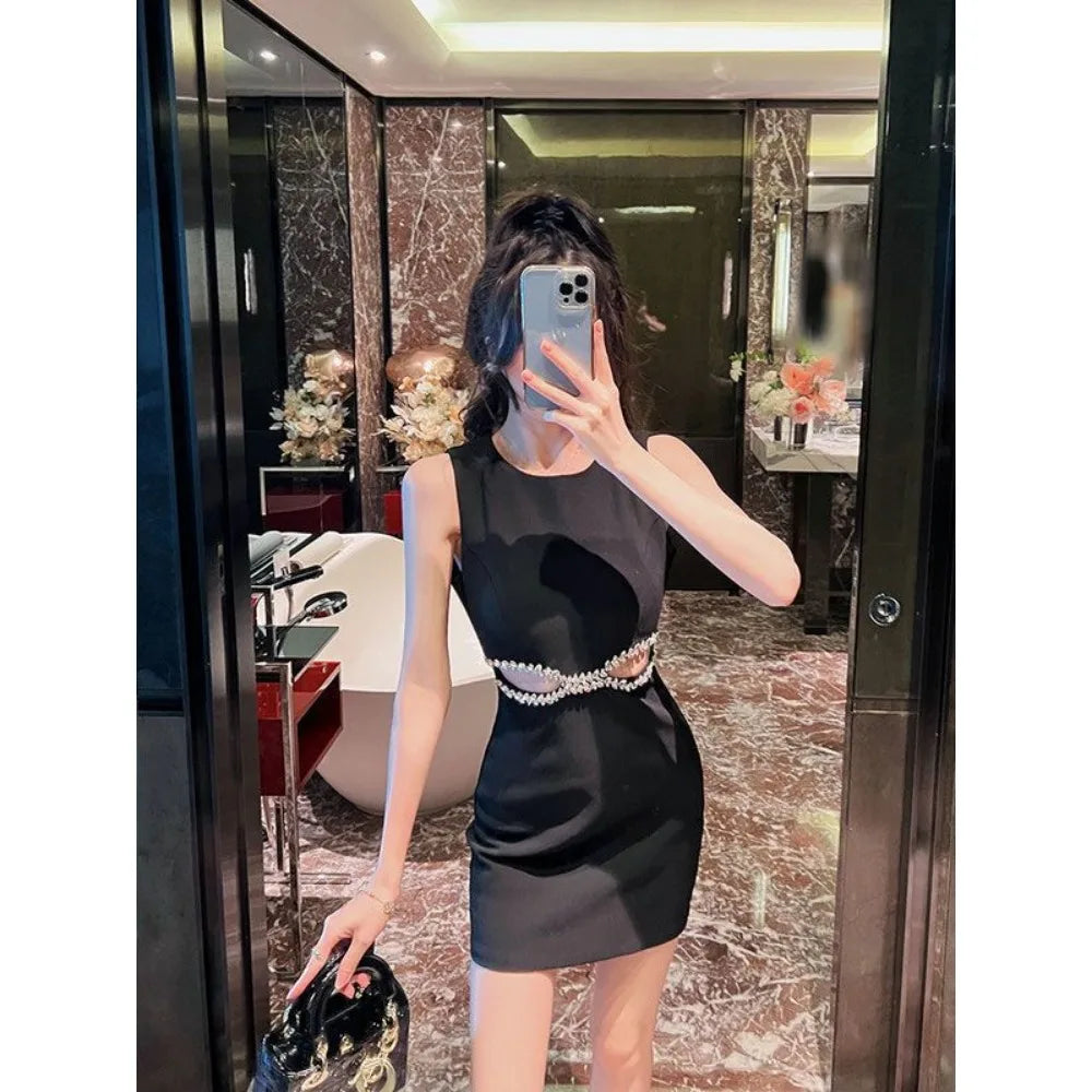 Women's Clothing High-end Versatile Sexy Dress Summer Dress Diamond Slimming Y2k Dress Mini Diamond-encrusted Elegant Black