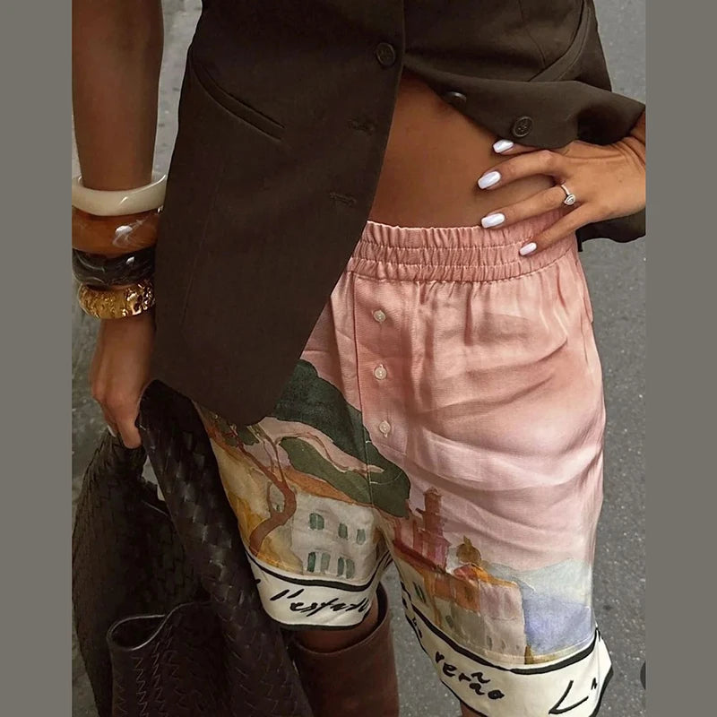 Fashion Printed 2 Piece Set Loose Lapel Button Long Sleeved Shirt Elastic Waist Shorts Suit 2025 Summer Autumn Beach Lady Set