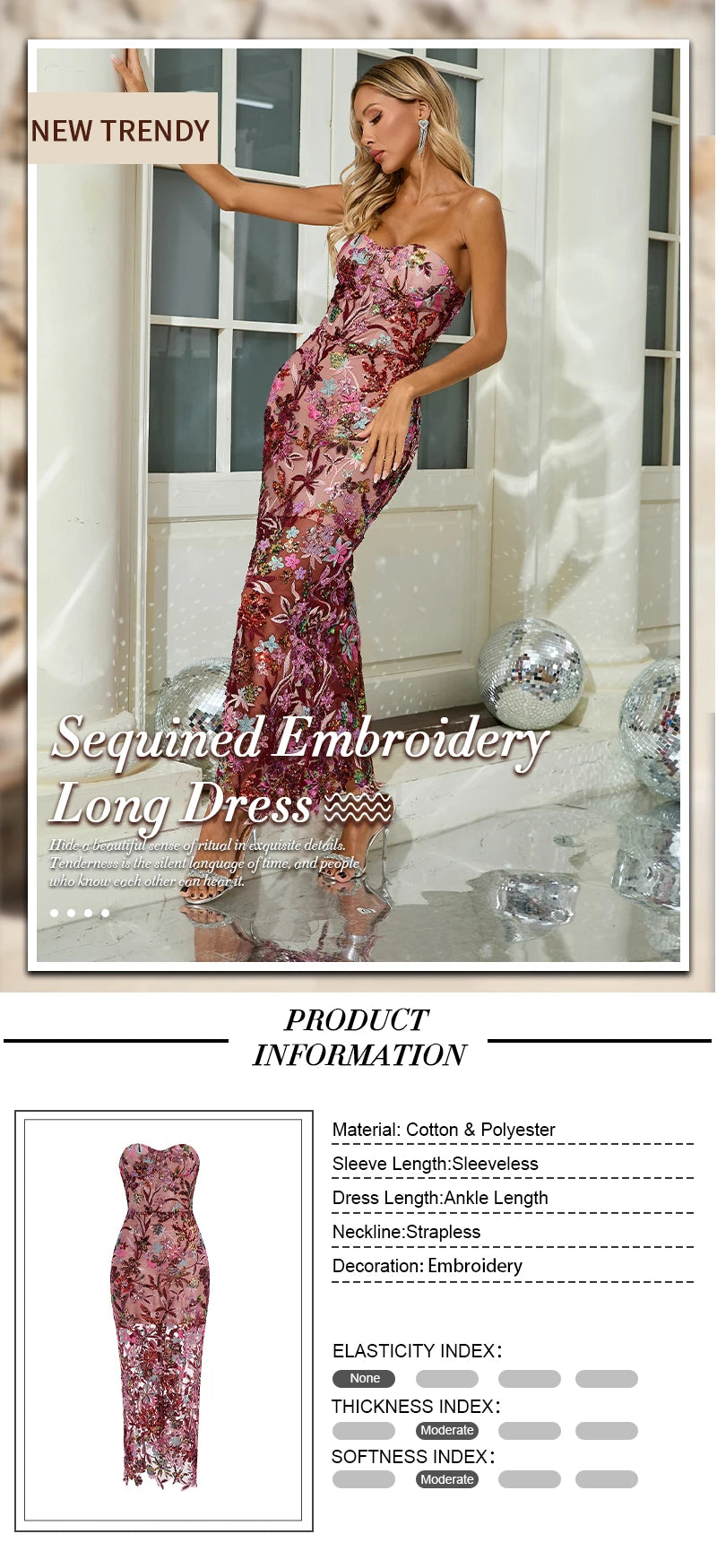 VC Floral Embroidery Sequins Long Dress Strapless Mesh