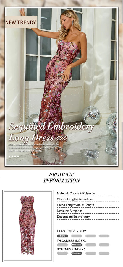 VC Floral Embroidery Sequins Long Dress Strapless Mesh