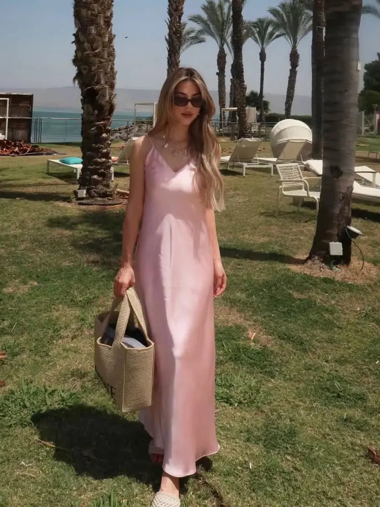Yellow Pink Stain V Neck Sling Dress - Shellss