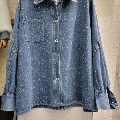 European Goods Heavy Hot Drilling Denim Coat Women's Fashion All-Match Mid-Length Slim Shirt Streetwear Loose Ladies Top Winter