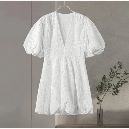 Embroidered Fluffy Short Puff Sleeve Dress Women