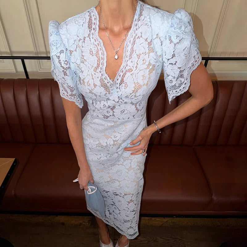 Sexy V Neck High Waist Slim Fit Prom Dress Chic Short Sleeved Women Birthday Party Dresses Summer Temperament Lace Long Dress