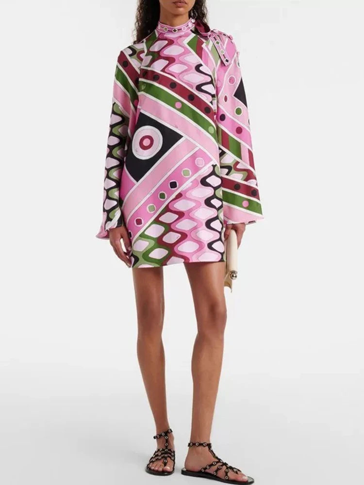 Design retro geometric positioning print round neck tie pullover dress 2026 autumn women's clothing fashion loose straight skirt - Shellss