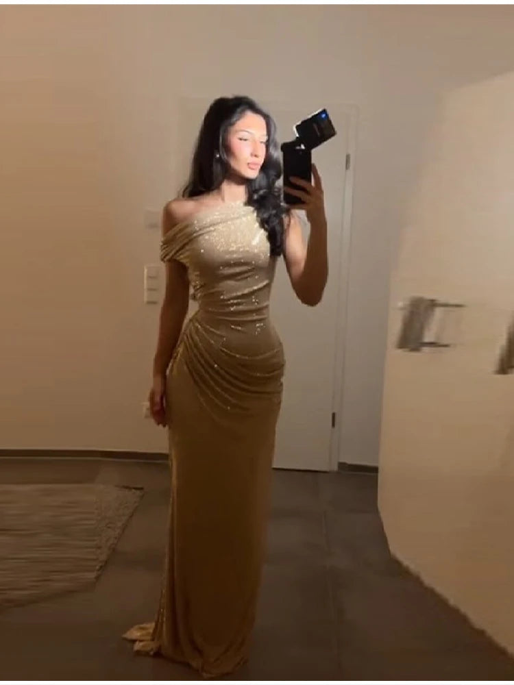 Elegant One Shoulder Sequins Party Dress Chic Sexy Backless Fold Design Slim Fit Female Long Gown 2026 NEW Party Evening Outfits
