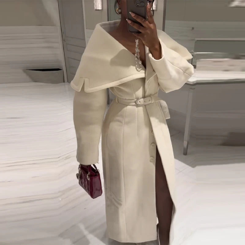 Stylish Elegant Woolen Coat Belted High-end