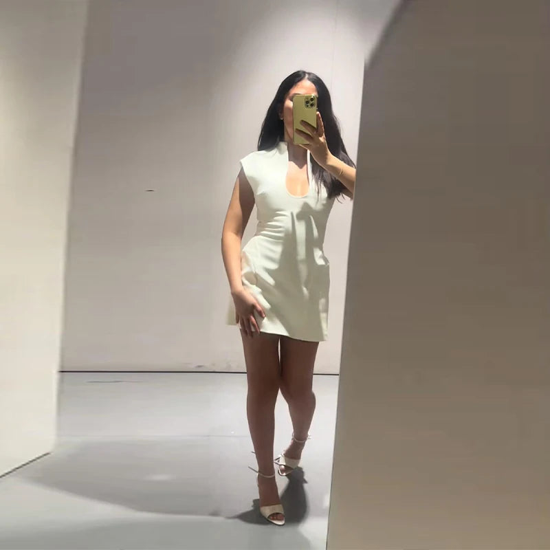 Elegant Slim Women's Dress Stand Collar Hollow Out Sleeveless Waist-Closed Lady Mini Dresses 2026 Spring Summer Female Robe