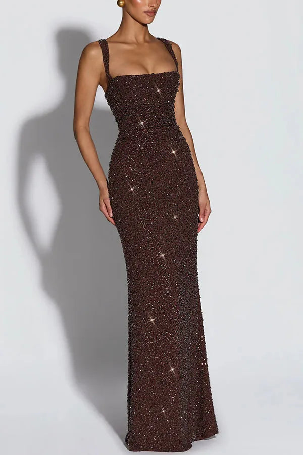 Women European American Sequin Cami Dress Sleeveless Tie Slim Fit Cocktail Party Evening Gown