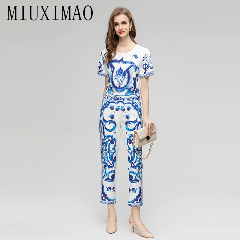 Sicily Set blue and white porcelain Print Top+ Pants Two-piece  Dolce